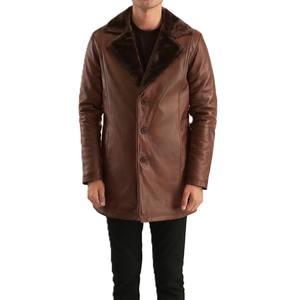 Chaqueta Larga de Invierno para Hombre en Cuero Marrón con Forro de Piel, Cuello de Piel, Forro Cálido y Diseño Clásico con Botones Personalizados - Product Image 1