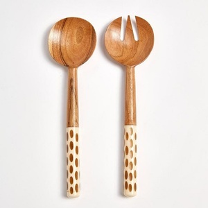 Export Quality Flatware Wood <b>Salad</b> <b>Server</b> With Resin Handle Custom Standard Size Luxury Designed Spoon & Fork Set of 2-Pcs - Product Image 4
