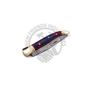 Couteau pliant Damas nouvelle édition haut de gamme avec étui en cuir, 8,5 pouces de long, couteau de poche Laguiole avec manche en bois bleu-noir et bolster en laiton - Product Image 6