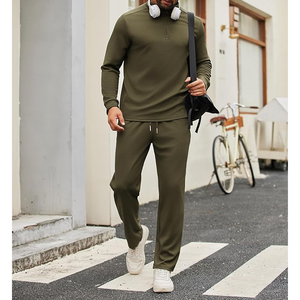 Conjunto Deportivo de Punto para Hombre, Color Verde Oliva, con Cierre de Cremallera de un Cuarto, Ropa Casual para Otoño, Secado Rápido, Color Sólido, Pantalones de Manga Larga - Product Image 3