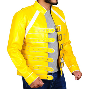 Chaqueta de Cuero PU Amarilla para Hombre, Estilo Urbano, con Cuello Alto y Epaulettes, Transpirable, Ecológica y con Características Antibacterianas - Product Image 2