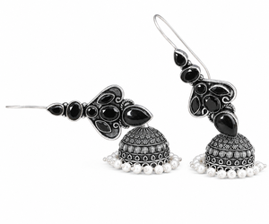 Wholesale Green Stone <b>Oxidized</b> Silver Jhumka Earrings for Women | Traditional Indian Ethnic Dangle Earrings | Handmade Jewelry - Product Image 4