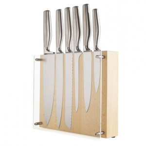 Ensemble de 6 couteaux de cuisine en acier inoxydable avec support de rangement en bois, panneau frontal transparent et manches métalliques confortables - Product Image 3