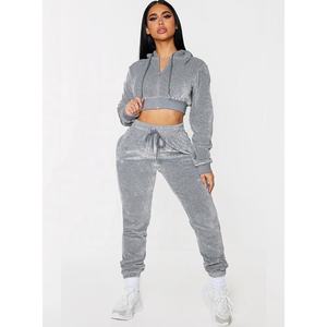 Ensemble de survêtement décontracté pour femme en coton/tissu éponge, sweat à capuche sans col en velours uni, manches longues, pour le sport, ensemble 2 pièces - Product Image 1