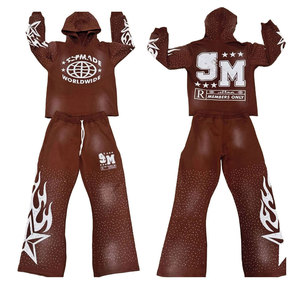 Unisex <b>Brown</b> Hooded Tracksuit Full Length Loose Fit Streetwear With Flame Print And Drawstring Closure Polyester Material - Product Image 1