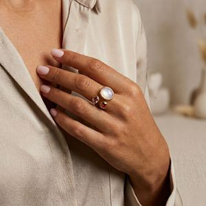 Gemvanity SR1469 Gold Plated Christian Luxury Classic Channel Setting Brilliant Cut White <b>Rainbow</b> Moonstone Pink Tourmaline Ring - Product Image 5