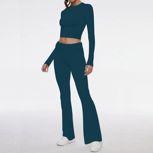 ชุดเซ็ต 2 ชิ้นสำหรับผู้หญิง ฤดูใบไม้ผลิ/ฤดูร้อน แบบลำลอง คอทรงโอ แขนสั้น กางเกงขายาว ผ้าถัก โพลีเอสเตอร์/คอตตอน ระบายอากาศได้ดี แห้งเร็ว - Product Image 4