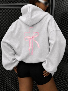Women Hoodies Oversized Gray Pink Bow Cross <b>Back</b> Graphic <b>Drop</b> Shoulder Cotton Blend Pullover Private Label Bulk Manufacturer - Product Image 5