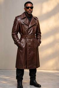 <b>Men</b> Genuine Leather Trench <b>Coat</b> Notched Lapel Double Breasted With Belt <b>Long</b> Length Regular Fit - Product Image 4