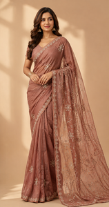 Sari de Seda Rosa Polvoriento con Diseño Floral Bordado, Estilo Vintage, Secado Rápido, Sin Arrugas, Protección Solar, Largo hasta el Suelo, para Mujer, para Fiestas - Product Image 1