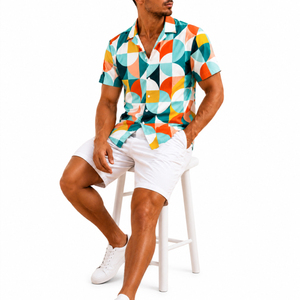 Custom <b>Mens</b> Hawaiian <b>Shirts</b> Knitted 320g Lightweight Short Sleeve Geometric Printed Cuban Collar Casual Button <b>Beach</b> Summer - Product Image 5