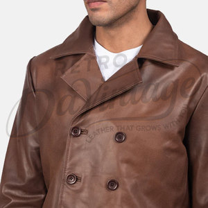 Manteau en cuir marron croisé pour homme, en véritable peau de mouton, col large classique, style décontracté et professionnel - Product Image 1