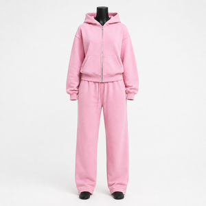 Women’s <b>Pink</b> Tracksuit Set Zip Up <b>Hoodie</b> Jacket Wide Leg Sweatpants 2 Piece Casual Sportswear Lounge Set Custom Wholesale - Product Image 1