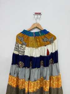 <b>Boho</b> Patchwork <b>Maxi</b> <b>Skirt</b> For Women, Silk Patchwork Tiered Midi <b>Skirt</b>, Elastic Waist <b>Skirt</b>, <b>Boho</b> Festival <b>Skirt</b>, Gift For Her - Product Image 2