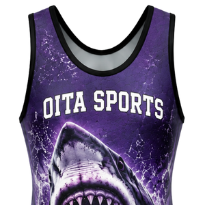 Combinaison de lutte sublimée pour homme, violet et noir, en polyester, pour compétition, entraînement et matchs. - Product Image 4