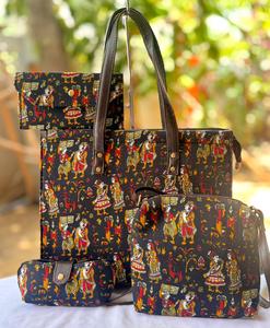 4 Piece Quilted Tote Bag Gift Set with Storage <b>Box</b> Cotton Printed Travel Pouch Combo OEM Wholesale Export India - Product Image 4