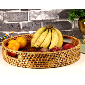 Plateau rond en rotin tressé à la main, grand format, simple et élégant, avec poignées, style bohème, pour la décoration moderne de la maison - Product Image 6