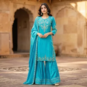 Ensemble 3 pièces en satin de soie 100% bleu ciel uni pour femme, Kurta, Palazzo et Dupatta, manches trois-quarts, brodé, ethnique - Product Image 4