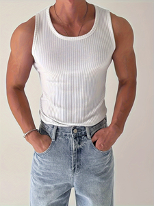 Camiseta sin mangas de punto acanalado blanca para hombre, cuello redondo, color sólido, informal, transpirable, de algodón. - Product Image 3