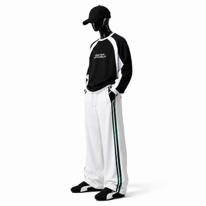 ONETEN APPARELS Men's Black <b>White</b> Windproof Printed Raglan Sleeve <b>Sweatshirt</b> Set Full Length Drawstring Pants Loose Fit - Product Image 5