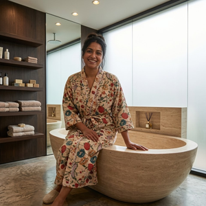 Robe kimono en coton artisanal à fleurs pour femme, peignoir à manches longues, vêtement de détente, peignoir de bain avec ceinture et poches - Product Image 3