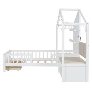Letto singolo bianco per bambini con divano imbottito, stazione di ricarica wireless, ripiani e due cassetti - Design a casetta - Product Image 6