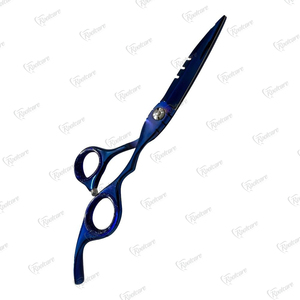 กรรไกรตัดผมดีไซน์ใหม่ทันสมัยขนาด 6.5 นิ้ว ลายฉลุเลเซอร์คมกริบ กรรไกรตัดผมแบบแบน สีน้ำเงินและสีทองเคลือบพลาสม่า - Product Image 2