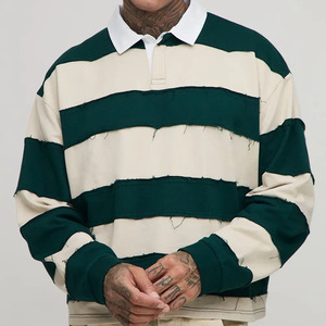 Thick Custom Made <b>Men's</b> <b>Striped</b> Knitted <b>Long</b> <b>Sleeve</b> Polo <b>Shirt</b> Casual Color Blocked Rugby Style Green Cream Regular Fit <b>Shirts</b> - Product Image 4