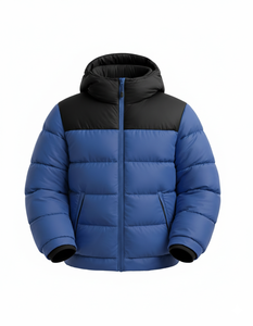 Veste matelassée à capuche bicolore pour homme, légère et chaude pour l'hiver, avec fermeture éclair, coupe-vent décontractée pour l'extérieur, noir et bleu - Product Image 2