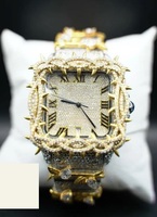 Jam Tangan Mekanik Mewah Berkualitas Tinggi Warna Emas Kuning Dial Persegi Romawi Alarm GPS Inlay Moissanite Tali Baja Tahan Karat Analog