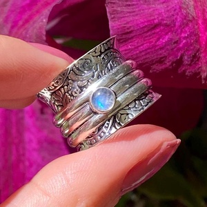 Handmade Moonstone <b>Spinner</b> <b>Ring</b> Engraved 925 Sterling Silver Fidget Jewelry Anxiety Relief ADHD Stress <b>Ring</b> Gift - Product Image 4