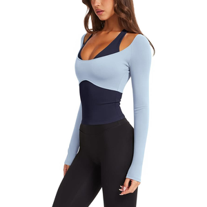 Haut de yoga à manches longues pour femme, color block, col en V profond, découpes, tenue de sport, manches complètes, Spandex Polyester - Product Image 1