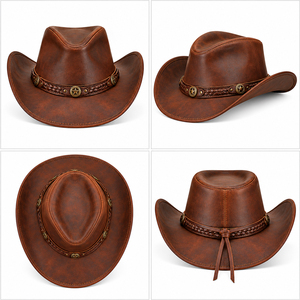 Sombrero de Vaquero de Cuero Genuino Vintage al por Mayor, Estilo Occidental, para Hombre y Mujer, Protección Solar para Exteriores, Sombrero de Vaquero con Estrella - Product Image 4