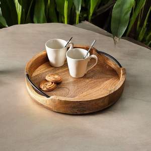 Bandeja Redonda de Madera para Servir de 10 Pulgadas, Plato Rústico Marrón con Asas, Bandeja de Cocina Estilo Granja para Comida y Bebidas, Venta al por Mayor para Exportación - Product Image 2