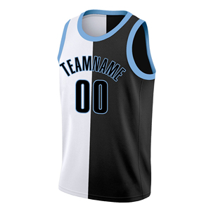 Maillots de basket-ball tendance noir, blanc et bleu, ensemble de maillots de basket-ball personnalisés, vente en gros, logo vierge par sublimation, OEM - Product Image 2