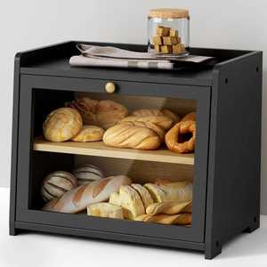 Boîte à pain moderne en bambou noir à 2 niveaux pour comptoir, avec grande fenêtre transparente et dessus plat, pour l'organisation de la cuisine - Product Image 1