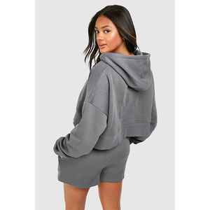 Conjunto Deportivo de Mujer en Color Gris Sólido, de Algodón, con Sudadera con Cremallera y Manga Larga, Pantalones Cortos, Estilo Casual, Transpirable, Holgado, para Otoño - Product Image 2