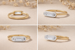 Bague de fiançailles solitaire minimaliste en or blanc plaqué rhodium avec diamant de laboratoire taille émeraude serti clos et perle d'eau douce - Product Image 5