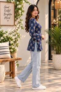 Kurti à fleurs bleues imprimées |   Tunique courte tendance Kurti |   Haut ethnique à col carré |   Kurti court pour femmes - Product Image 4
