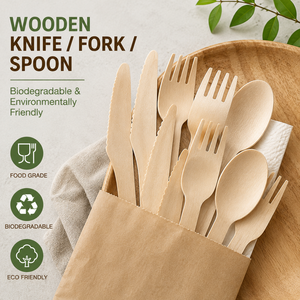 Ensemble de couverts jetables en bois EcoRev ECO71, couteau, fourchette, cuillère, écologiques, biodégradables, recyclables, adaptés aux aliments, pour les voyages - Product Image 3