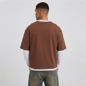 เสื้อยืดคอกลมแขนยาวทรงบ็อกซี่สำหรับผู้ชาย เสื้อยืดแขนยาวผ้าฝ้าย 100% เสื้อยืดกีฬา ปักลายแบบดิสเทรส เสื้อยืดแขนยาวสองชั้น - Product Image 2