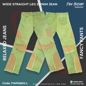 Customized 100% Cotton Relaxed Denim <b>Jeans</b> Wide Straight Leg With Patchwork Fabric High Waist Multiple Pockets for <b>Work</b> - Product Image 5