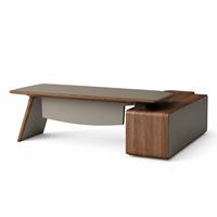 Bureau de direction moderne en L avec plateau en bois veiné, rangement latéral autoportant et support d'angle pour bureaux de direction