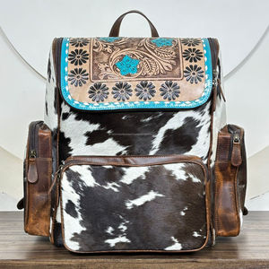 Western Hand <b>Tooled</b> Cowhide Leather Diaper <b>Backpack</b> for Women's Designer Genuine Hair-on Hide Travel Rucksack Durable & Stylish - Product Image 4