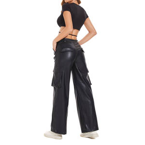 Pantalones Rectos de PU de Cintura Alta para Mujer, Corte Regular, Largos, con Bolsillos Utilitarios, Frente Plano, Cierre de Botones, Color Sólido, Estilo Urbano, Invierno - Product Image 4
