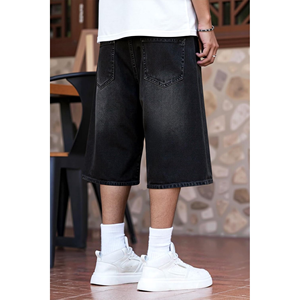 Men's Customizable Solid Embroidered Denim Shorts Baggy Wide Leg Knee Length High Street Style Vintage Ripped Quick Dry Jorts - Product Image 3