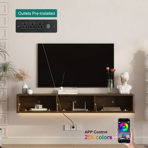 High Gloss Wall Mounted TV Stand <b>Floating</b> Wood Cabinet with LED Lights and Power Outlet for Living Room - Product Image 4