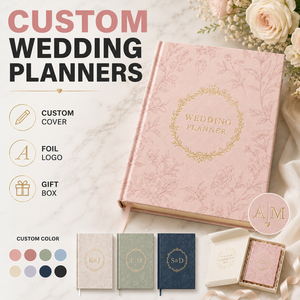 Carnet de planification de mariage personnalisé LABON, couverture rigide en tissu floral rose pâle de luxe, bords dorés à la feuille d'or, organisateur de design floral nuptial - Product Image 2