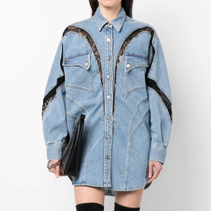 3D Split Shirt with <b>Spring</b> and Summer Lace Contrasting Color Large Silhouette Shirt Style Denim <b>Jacket</b> for <b>Women</b> - Product Image 5