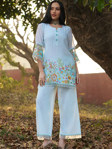 Conjunto de Kurti Bordado de Manga Larga para Mujer, Atuendo Floral Transpirable de Tela Mul Chanderi para Eid, Ramadán, Fiestas y Bodas - Product Image 1
